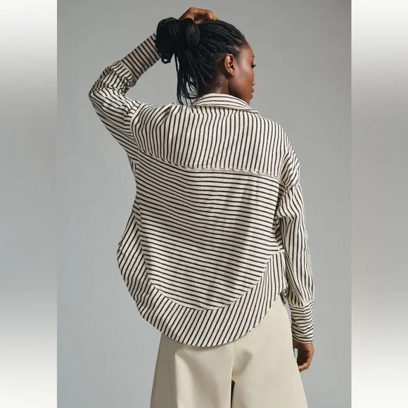 Pilcro Spliced Henley Top, ivory/black stripe, size medium - Picture 3 of 6